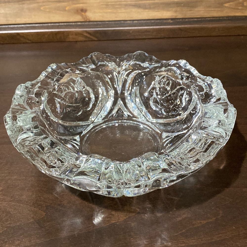 Heavy Crystal Glass Candy Dish Ashtray with Rose Design by Pasari
